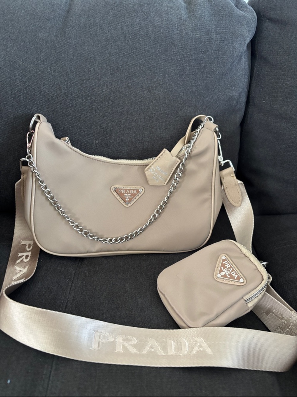 Prada Beige Shoulder Bag with Logo Strap and Chain
